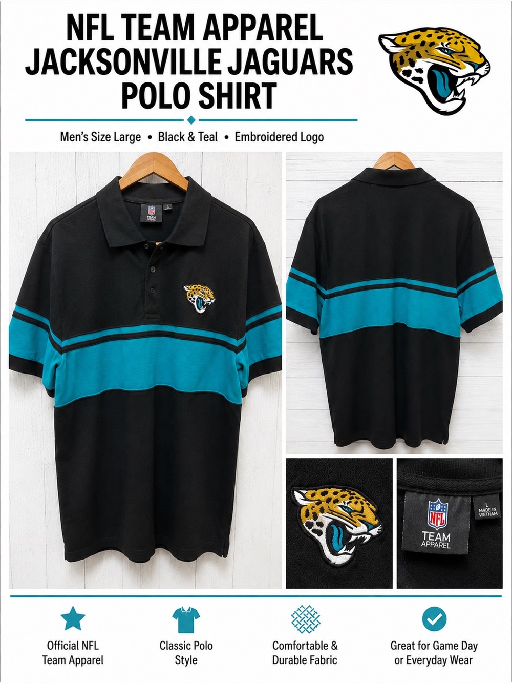 Jacksonville Jaguars NFL Team Apparel Polo Shirt – Men’s Large🏈